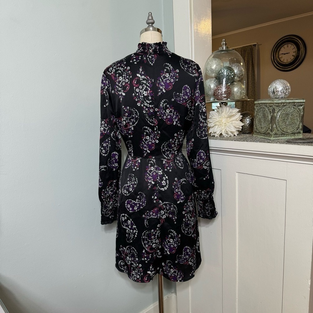 LOFT Paisley Smocked Flared Long Sleeve Floral Dress Black Purple White 8 - Picture 8 of 13